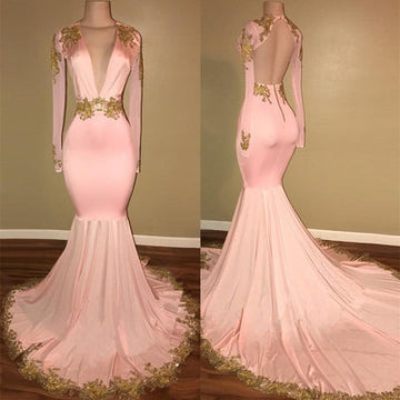 GORGEOUS LONG SLEEVES V-NECK PROM PARTY GOWNS MERMAID WITH GOLD CRYSTAL HZ1023
